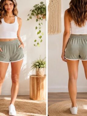 90 Degree Casual Olive Runner Shorts with White Trim​